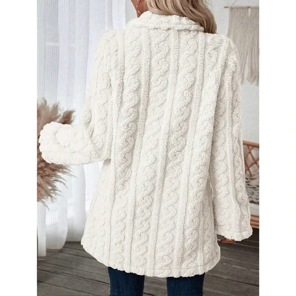 minimalist Double Breasted Lapel collar ribbed knit teddy Coat - Picture 4 of 11